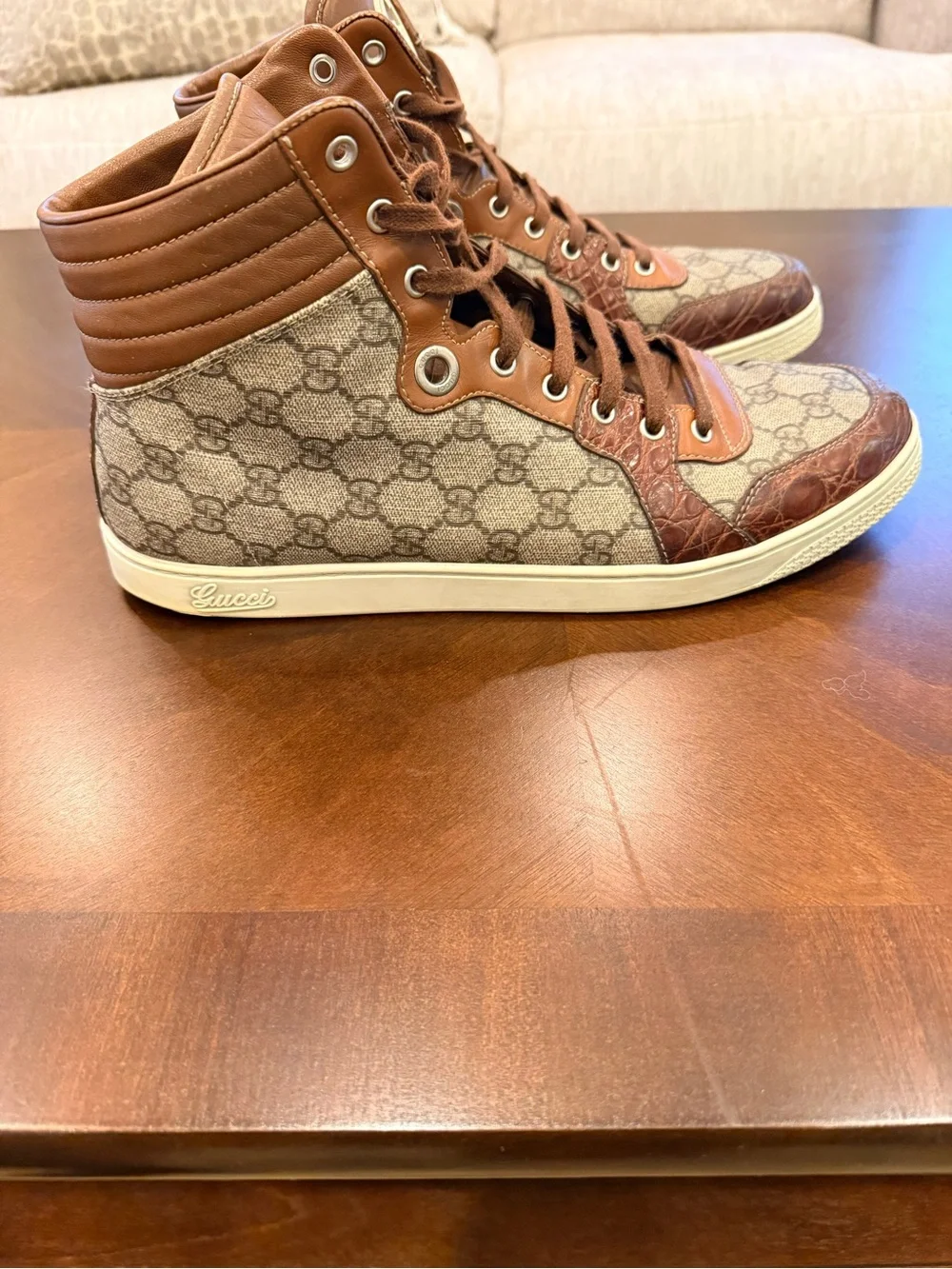Gucci Brown & Beige High-Top Crocodile Trim GG Monogram Sneakers